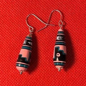 Vintage Peruvian Hand Painted Beaded Tear Drop Earrings Silver Tone French Hooks